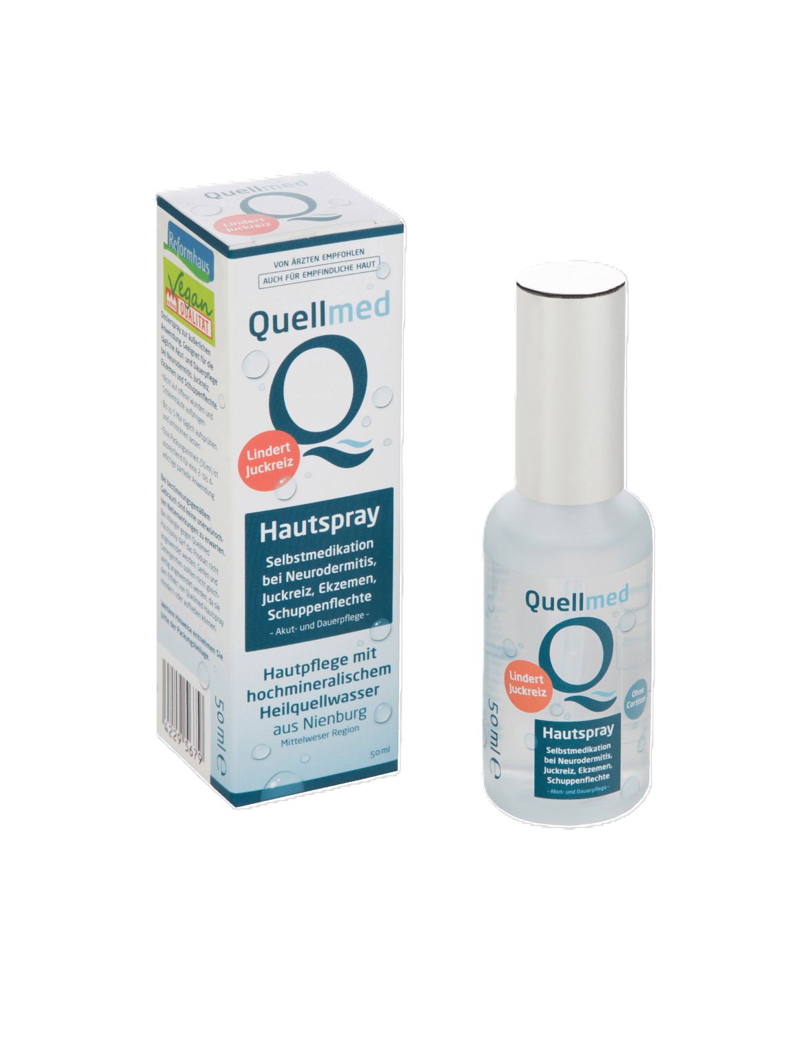 Quellmed Hautspray und Verpackung. Flasche und Schachtel mit Produktinformationen und Logo. Aufschrift: Hautspray.
