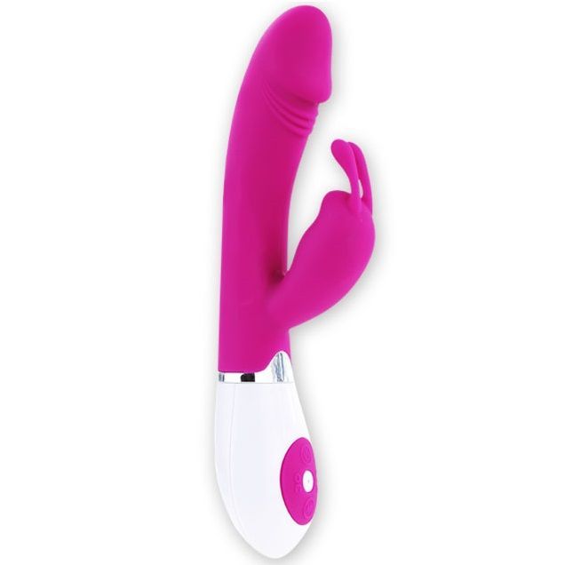 Rosa Vibrator mit weißem Griff. Seitliche Ansicht. Der Kopf ist länglich, mit einem gebogenen Teil und einem kleineren, fingerförmigen Teil.