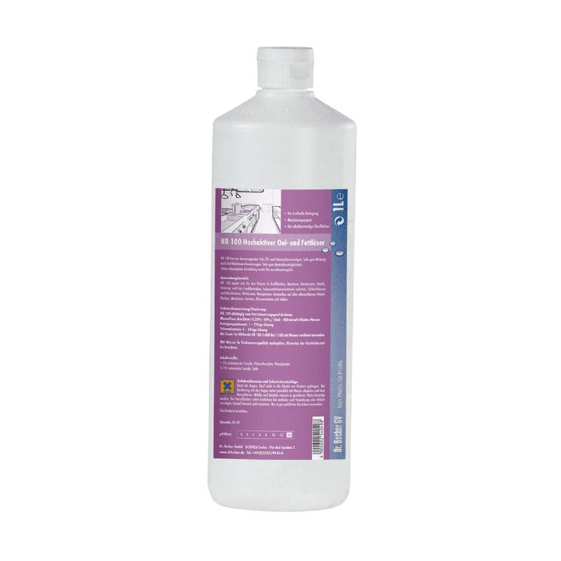 Flasche mit 1 Liter Dr. Becher KR 100 Hochaktiver Öl- und Fettlöser. Weiße Kunststoffflasche mit lila Etikett.