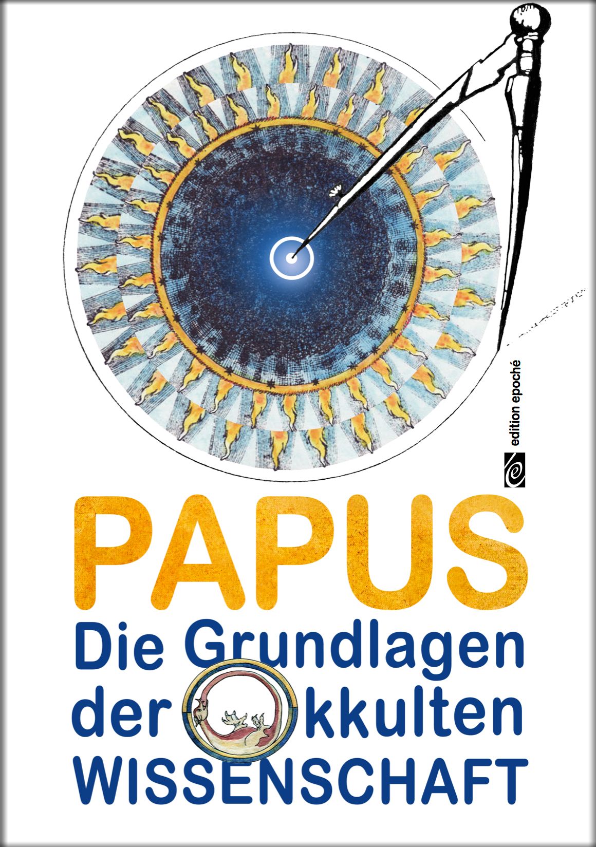 Buchcover mit Titel "Die Grundlagen der okkulten Wissenschaft" von Papus. Illustration mit Kompass und Kreis.