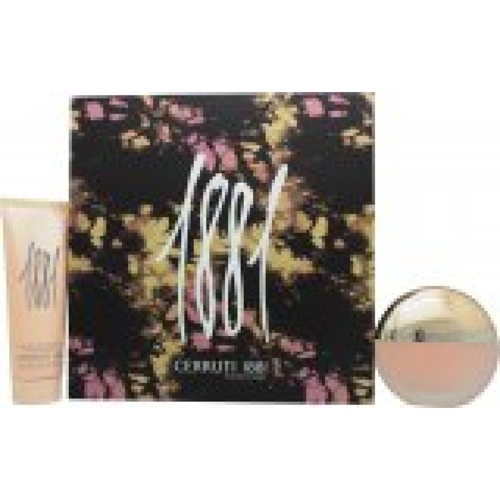 Geschenkset mit Parfümflakon, Körperlotion und Schachtel. Aufschrift "1881". Rosa und schwarze Verpackung.