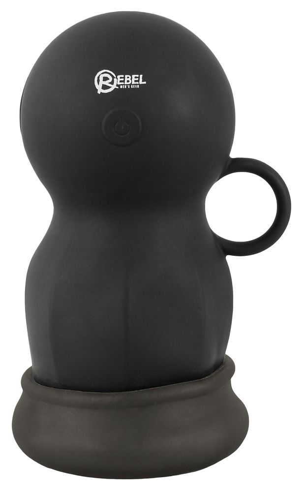 Schwarzes Wellness-Produkt. Runde Form mit Griff und Sockel. Logo REBEL. Bedienfeld mit Knopf.