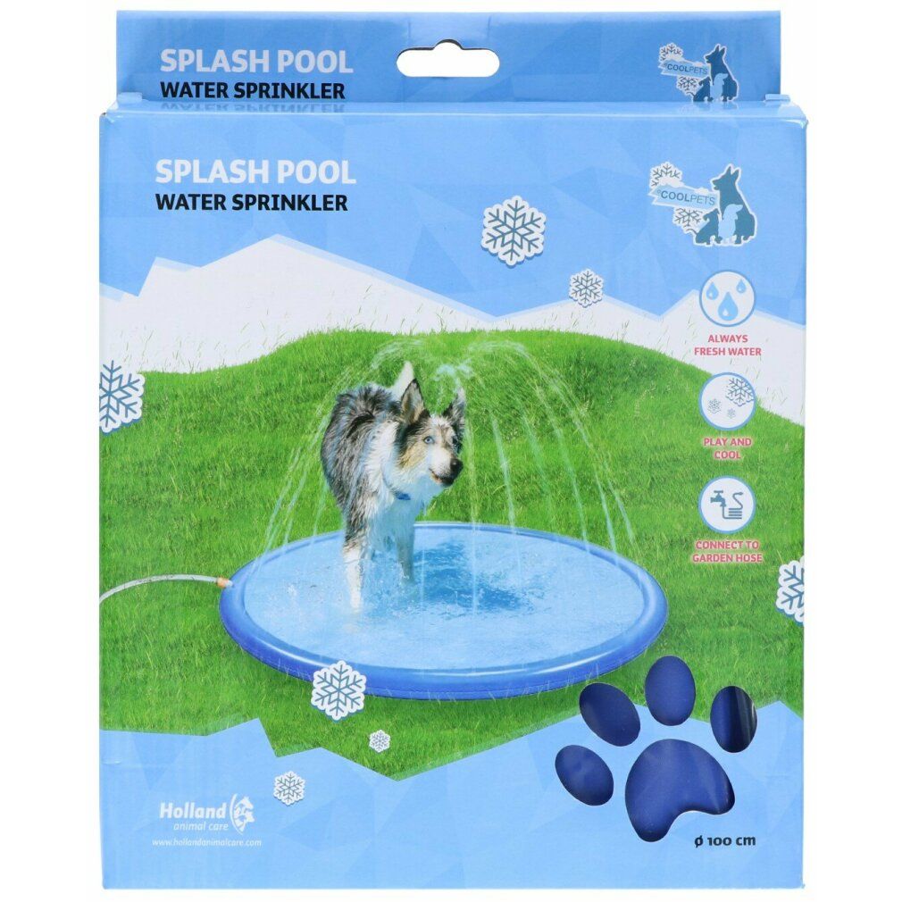Verpackung des CoolPets Splash Pool Sprühgeräts. Ein Hund steht in einem blauen Pool mit Wasserstrahlen. Durchmesser 100 cm.