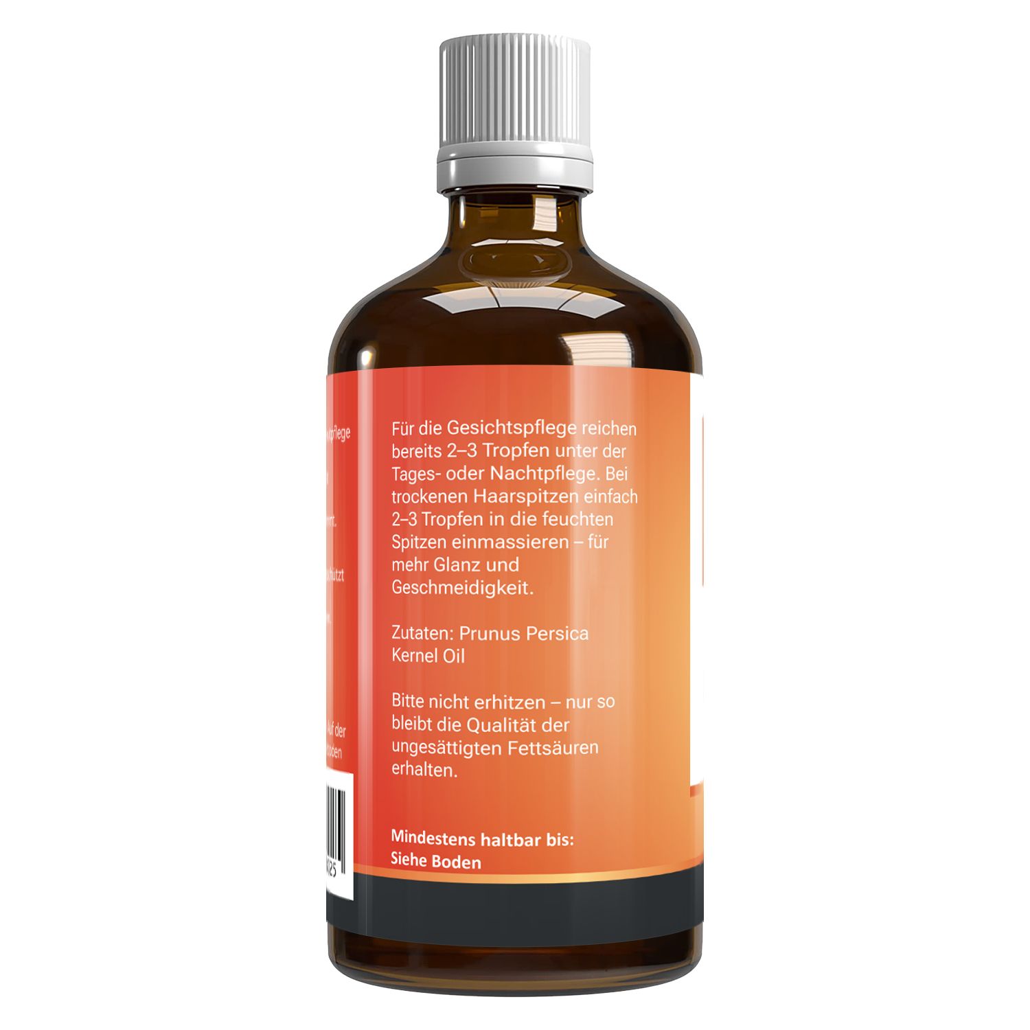 Braune Glasflasche mit weißem Deckel. Rückseite mit Text: Zutaten, Mindesthaltbarkeit. Barcode unten. Orangefarbener Hintergrund.