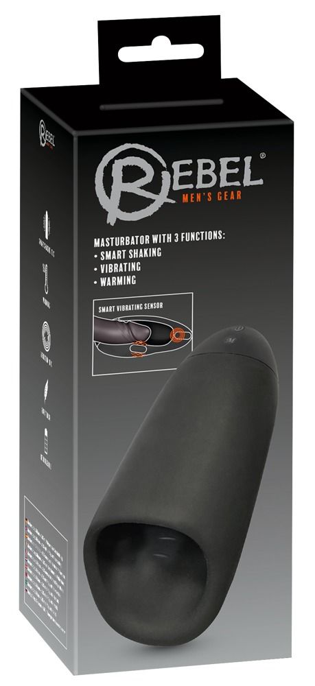 Produktverpackung mit Produktabbildung. Text: Rebel, Masturbator mit 3 Funktionen.