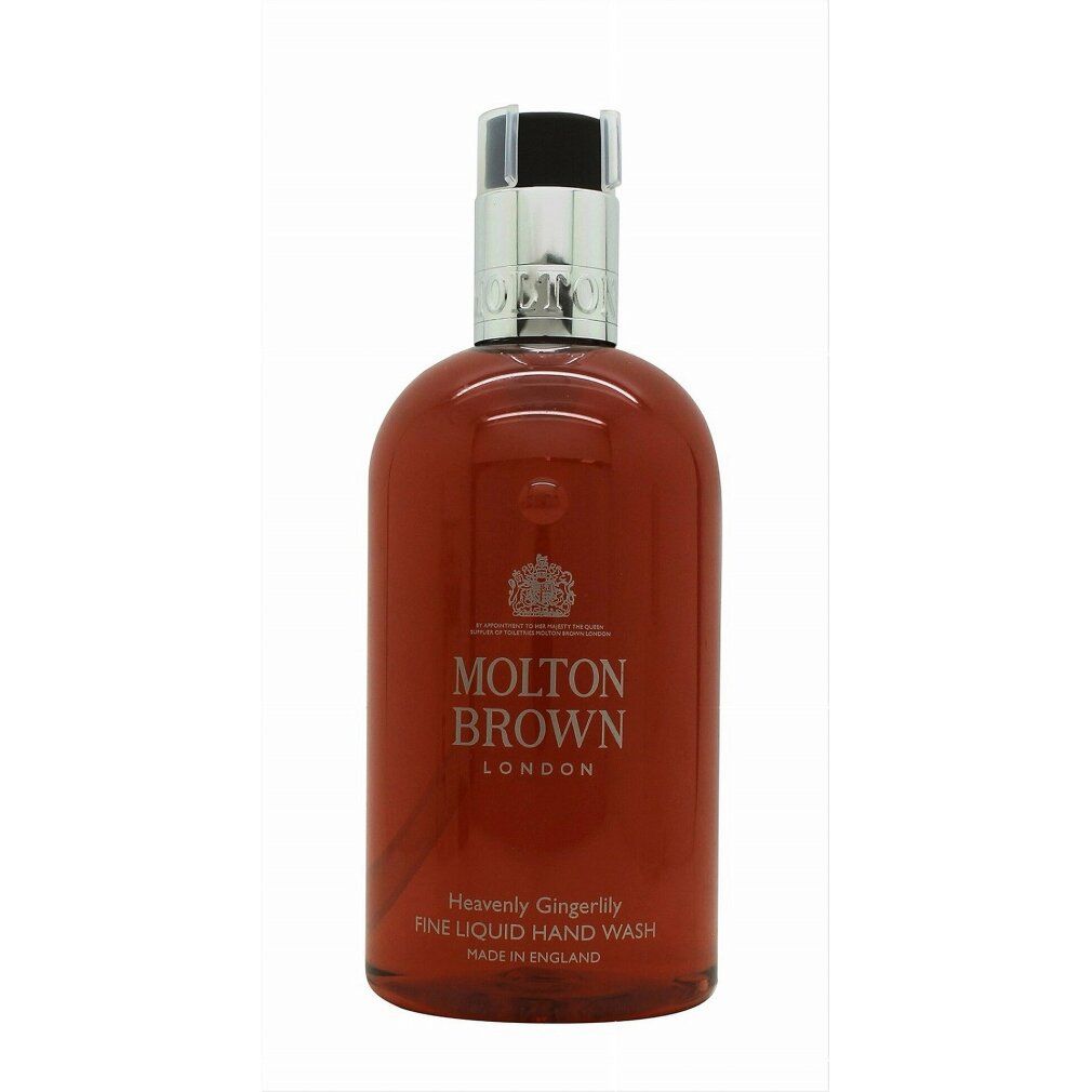 Braune Flasche mit silbernem Verschluss. Aufschrift: Molton Brown London, Heavenly Gingerlily. Produktname und Logo.