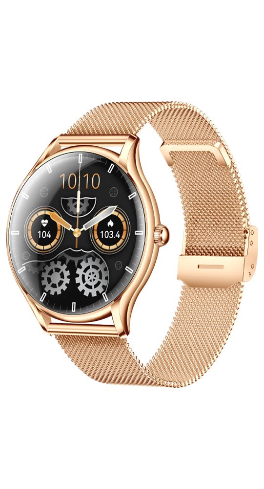 Goldfarbene Smartwatch mit schwarzem Zifferblatt und Mesh-Armband. Gezeigt ist die Seite mit dem Verschluss.