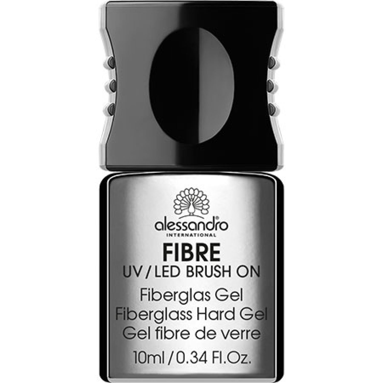 Flasche mit schwarzem Deckel. Aufschrift FIBRE, Fiberglas Gel, 10ml. Marke alessandro international.