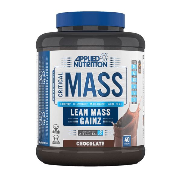 Dose Applied Nutrition Critical Mass, blau-schwarz. Aufschrift: Critical Mass, Lean Mass Gainz, Chocolate. 40 Portionen.