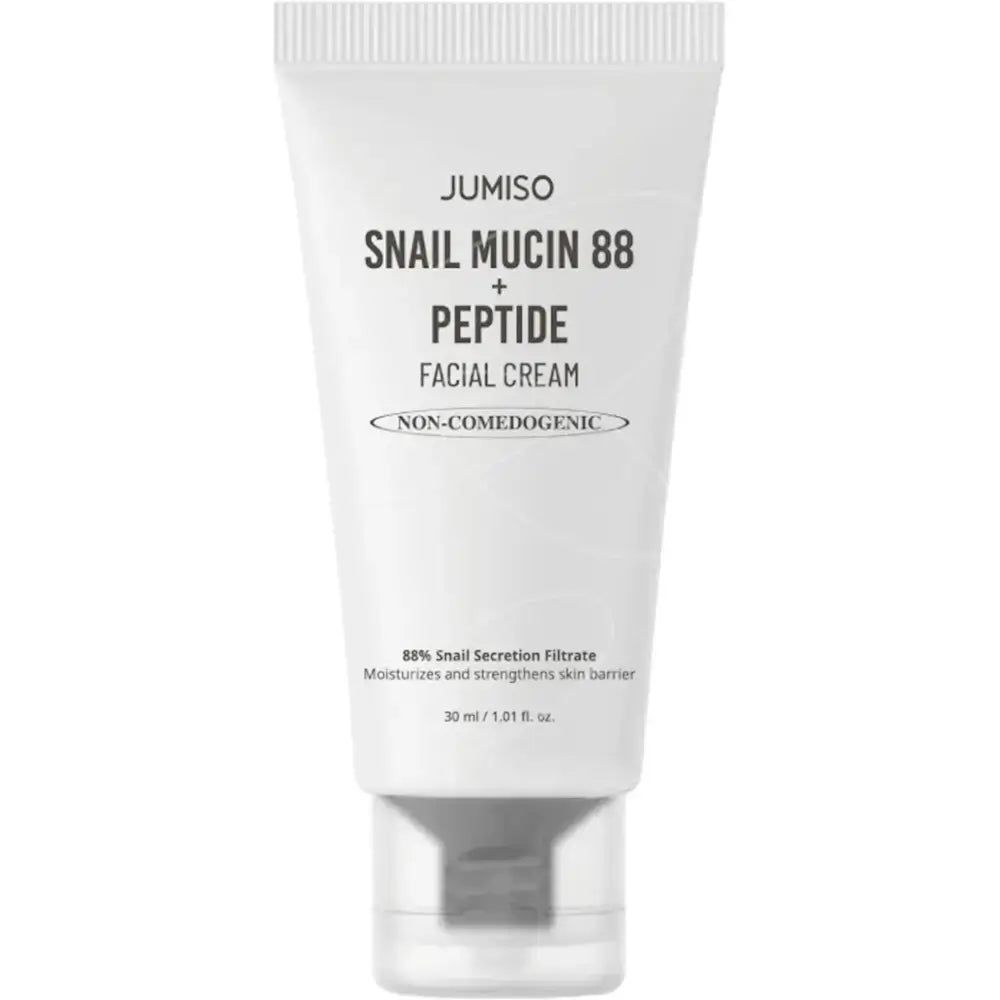 Weiße Tube mit Produktnamen und Informationen. Text: JUMISO Schneckenschleim 88 + Peptidcreme. Unten: 88% Schneckensekret-Filtrat, 30 ml / 1.01 fl. oz.