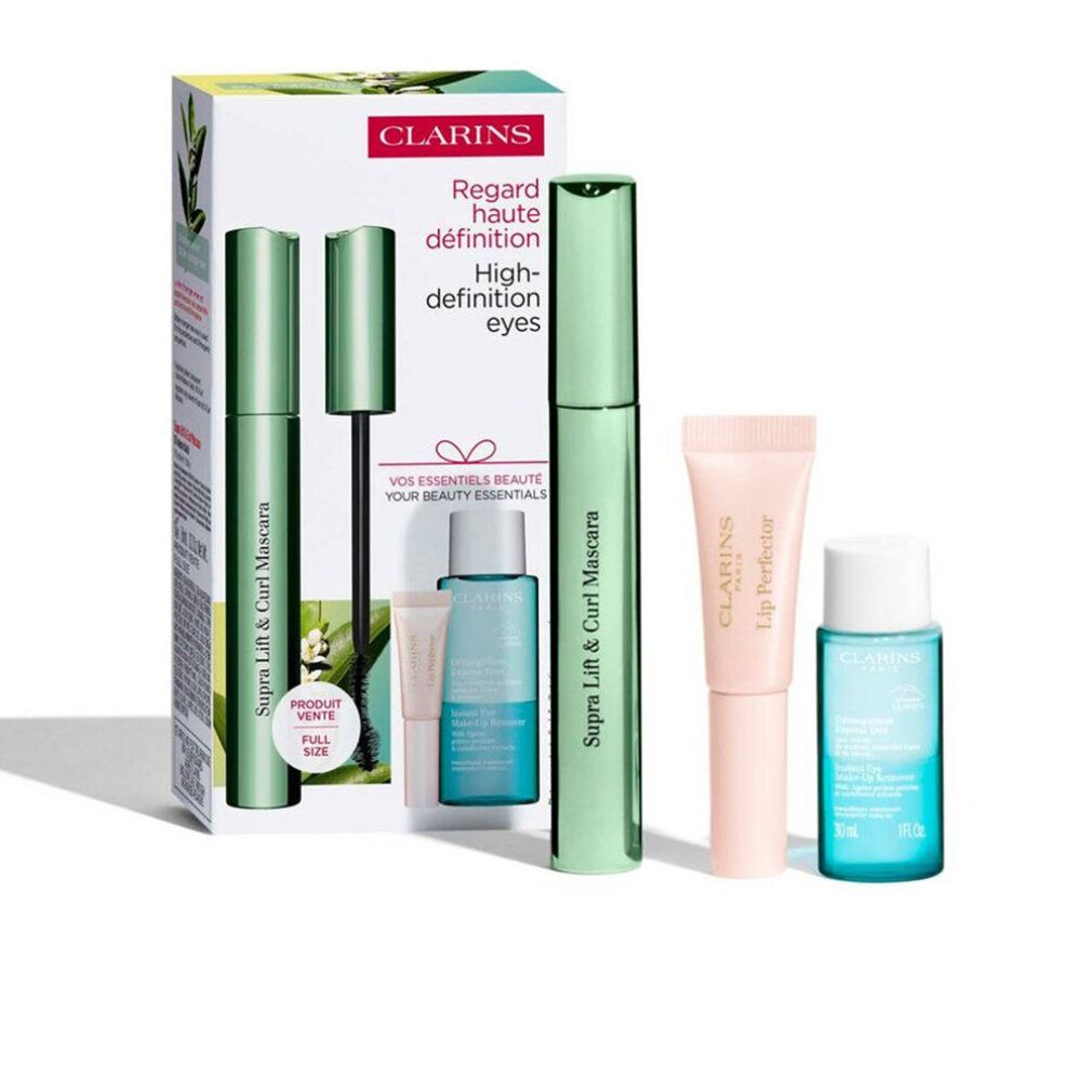 Geschenkset mit Mascara, Augen-Make-up-Entferner und Lippenpflege. Grüne Mascara-Tuben und Verpackung mit Schriftzug.