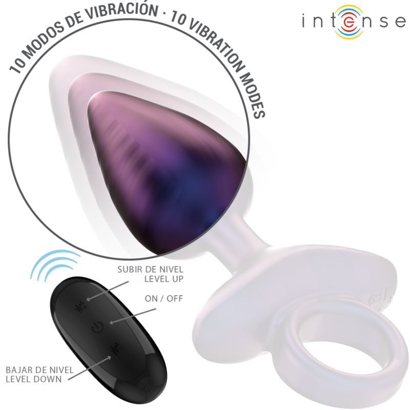 Lila Analstecker mit weißem Griff und Ring. Fernbedienung mit Tasten: Level Up, On/Off, Level Down. Marke: Intense.