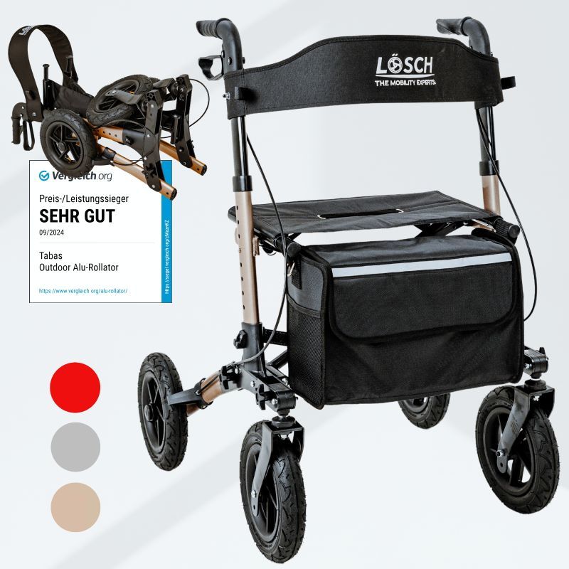 Rollator, goldfarbener Rahmen, schwarze Tasche und Räder. Text: Sehr gut. Preis-Leistungs-Sieger. Farben: Rot, Grau, Beige.
