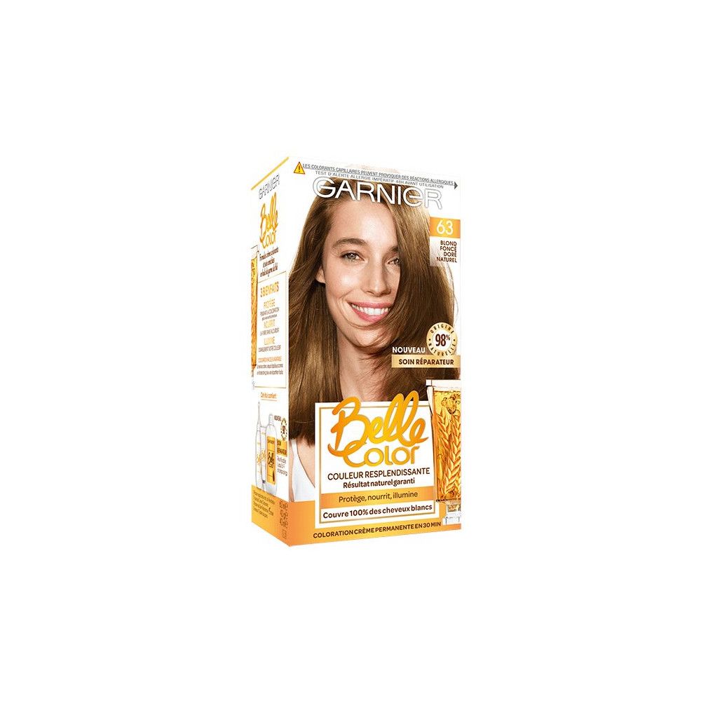 Garnier Belle Color Haarfarbe-Verpackung. Blond-Haarfarbe, Frau mit blonden Haaren abgebildet.