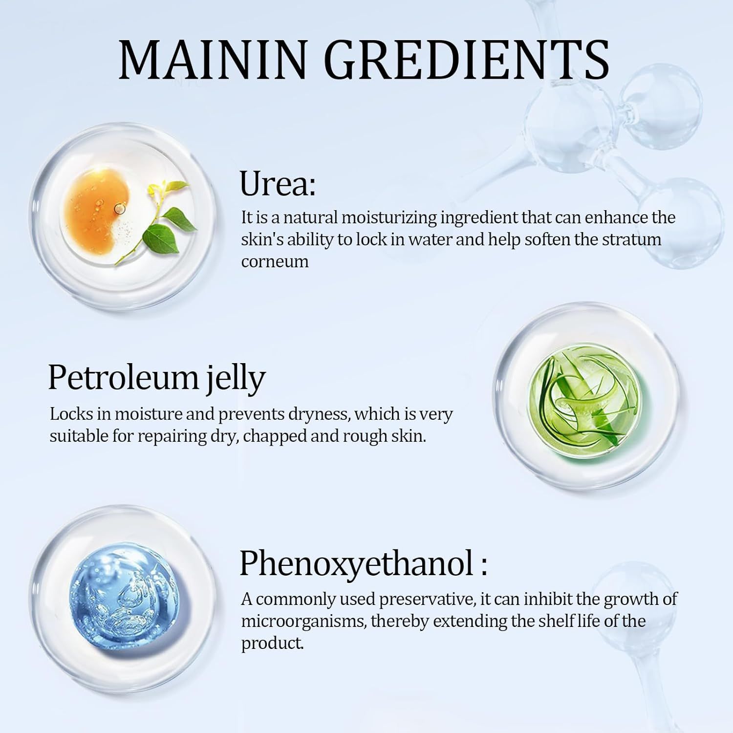 Hauptinhaltsstoffe: Urea, Vaseline, Phenoxyethanol. Abbildungen von Inhaltsstoffen in runden Behältern. Text beschreibt die Eigenschaften der Inhaltsstoffe.