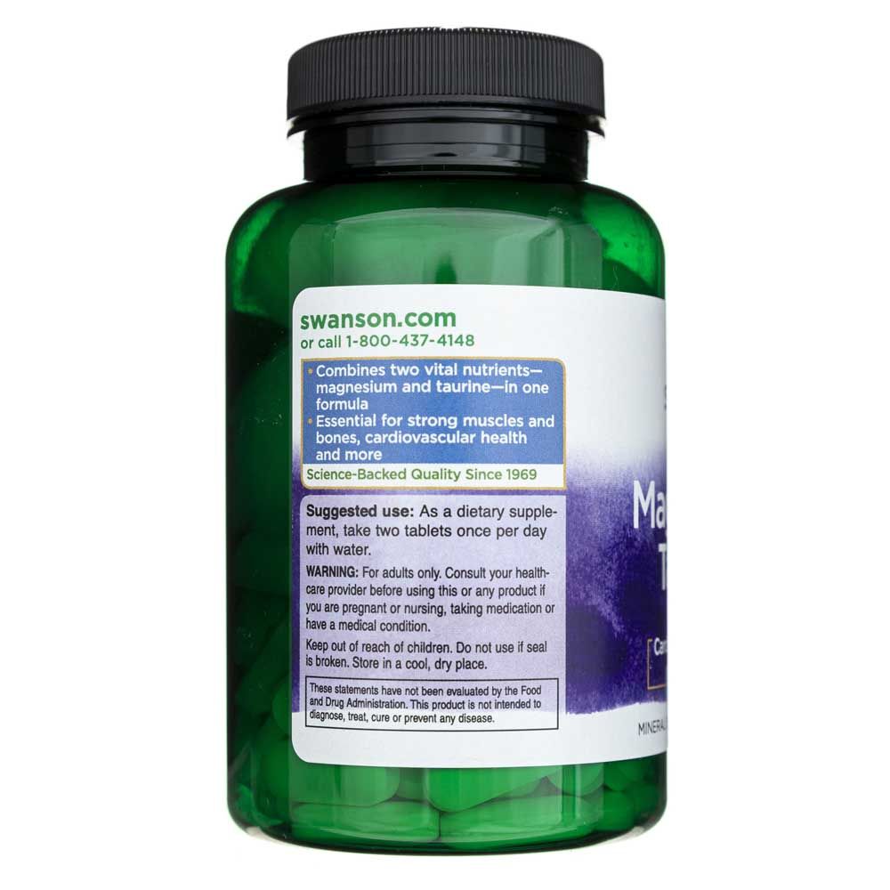 Grüne Flasche mit Magnesium- und Taurin-Tabletten. Enthält 1-800-437-4148 und swanson.com.