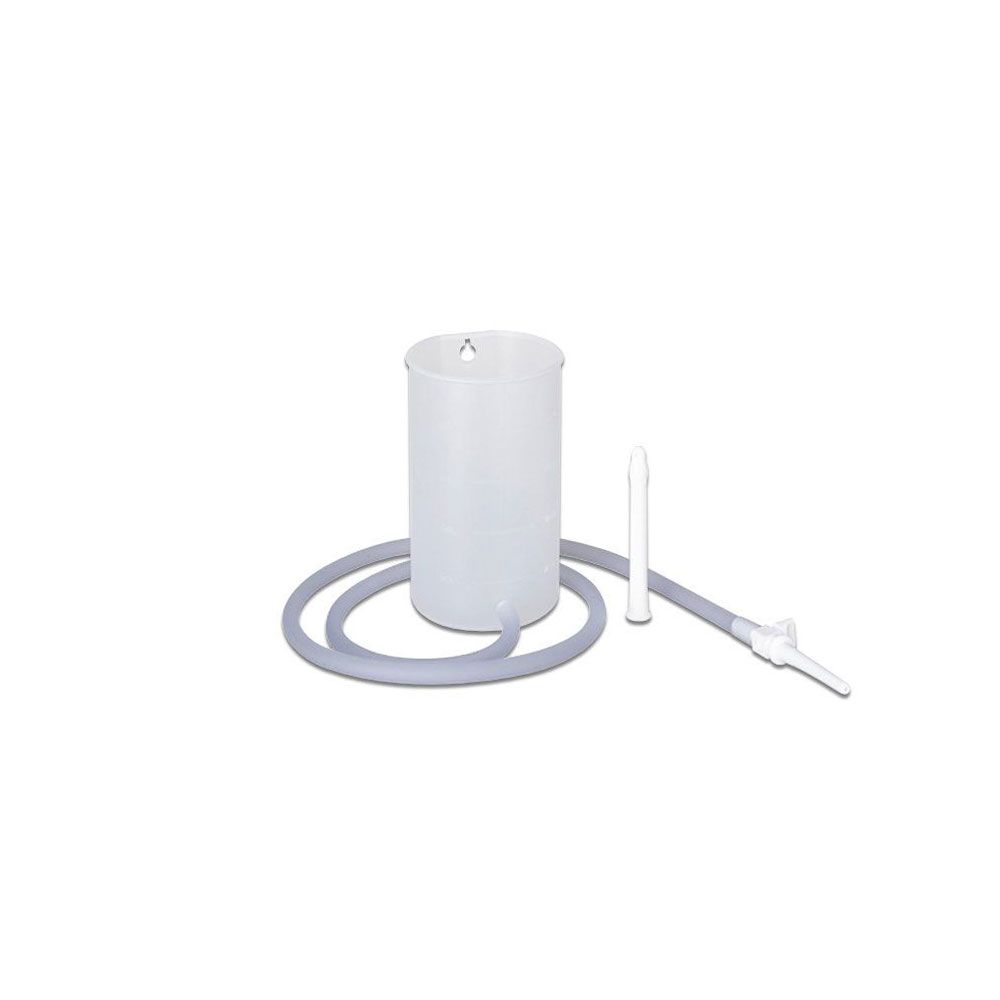 Irrigator-Set mit Behälter, Schlauch und zwei Applikatoren.