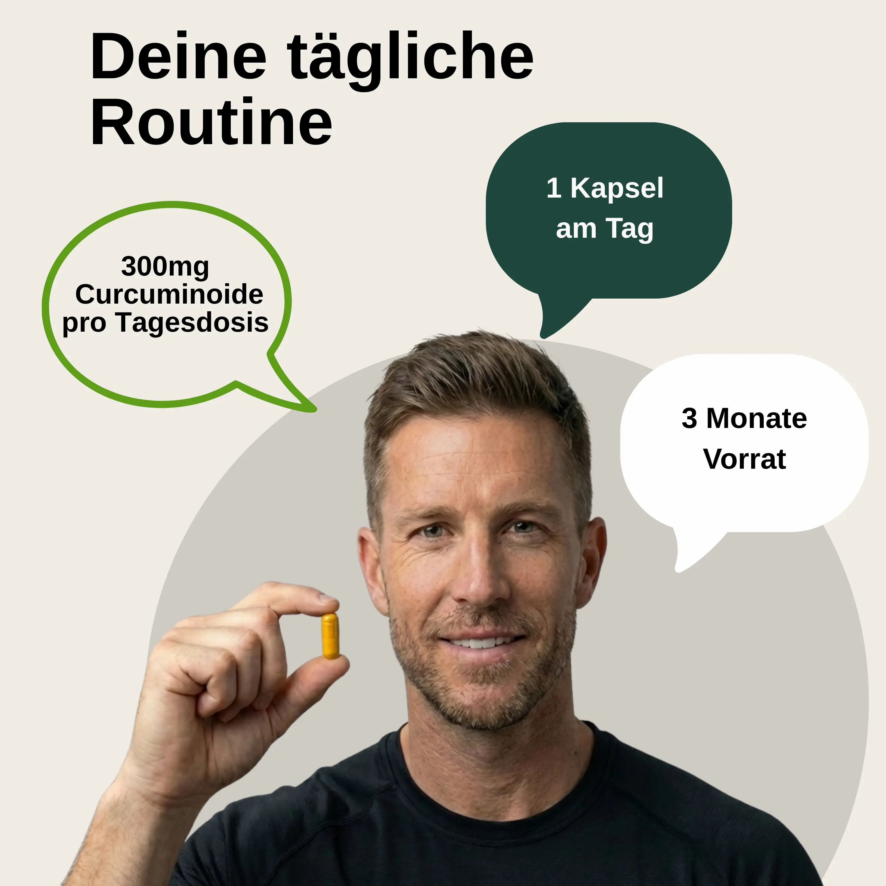 Vita Elements Curcuma Extrakt: Mann hält Kapsel. 300mg Curcuminoid pro Tagesdosis. 1 Kapsel täglich. 3 Monate Vorrat.