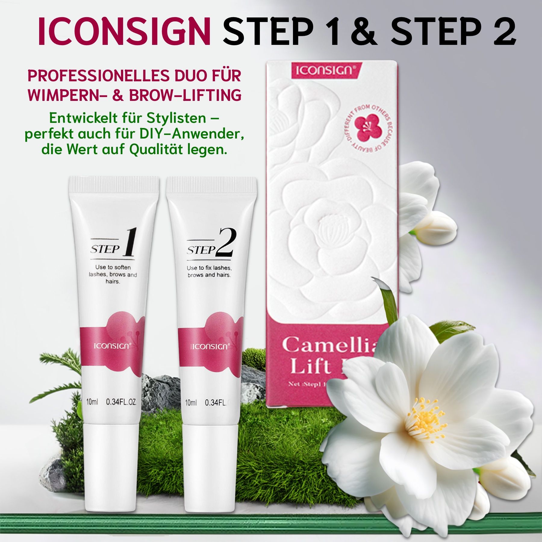 Zwei Tuben mit "STEP 1" und "STEP 2" neben einer Verpackung mit "ICONSIGN" und "Camellia Lift". Dekoration mit Blumen und Grün.