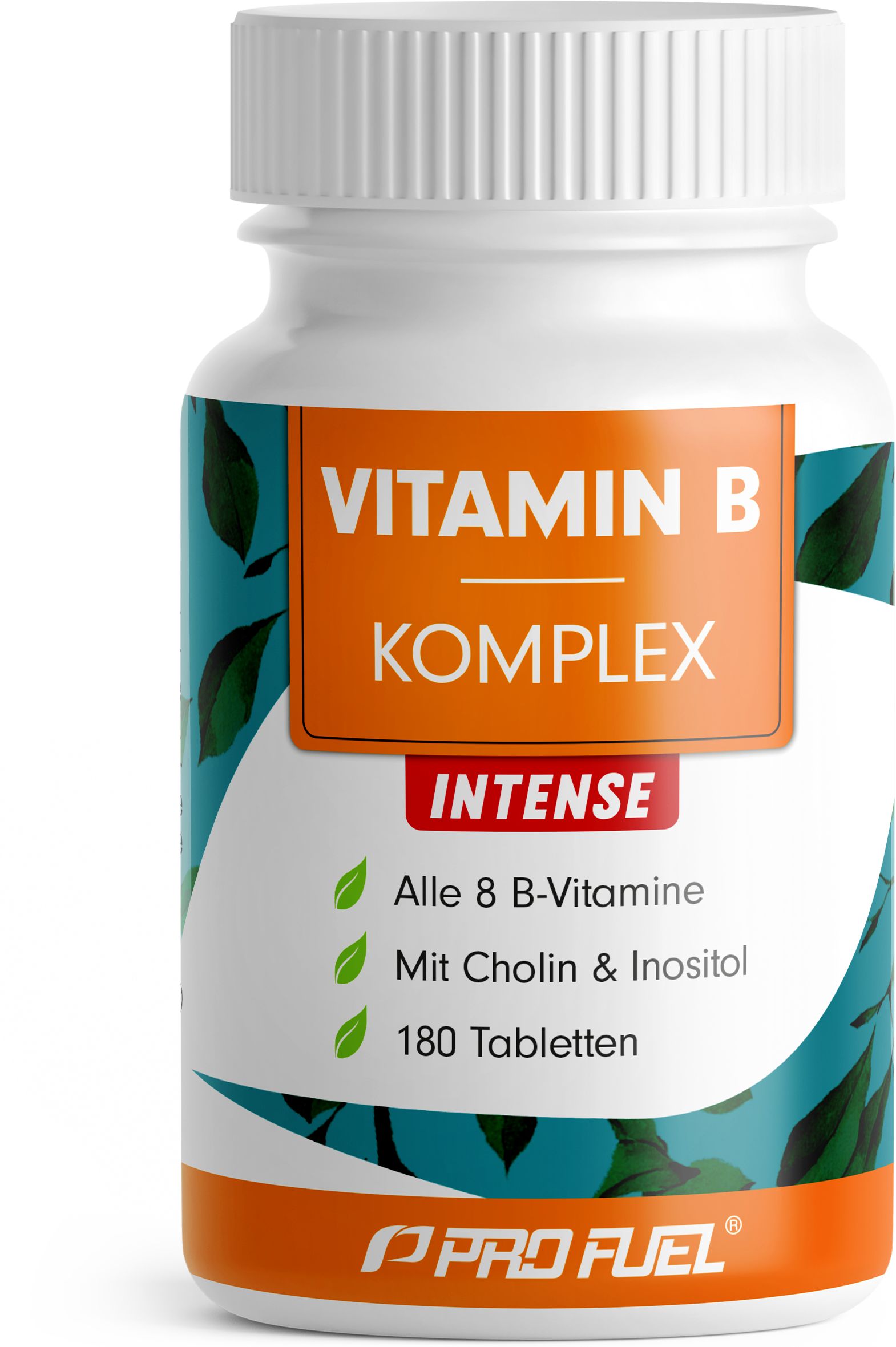 Weiße Flasche mit orangefarbenem Etikett. Aufschrift: VITAMIN B KOMPLEX INTENSE. Enthält 180 Tabletten. Grün-blaue Blätter als Design.