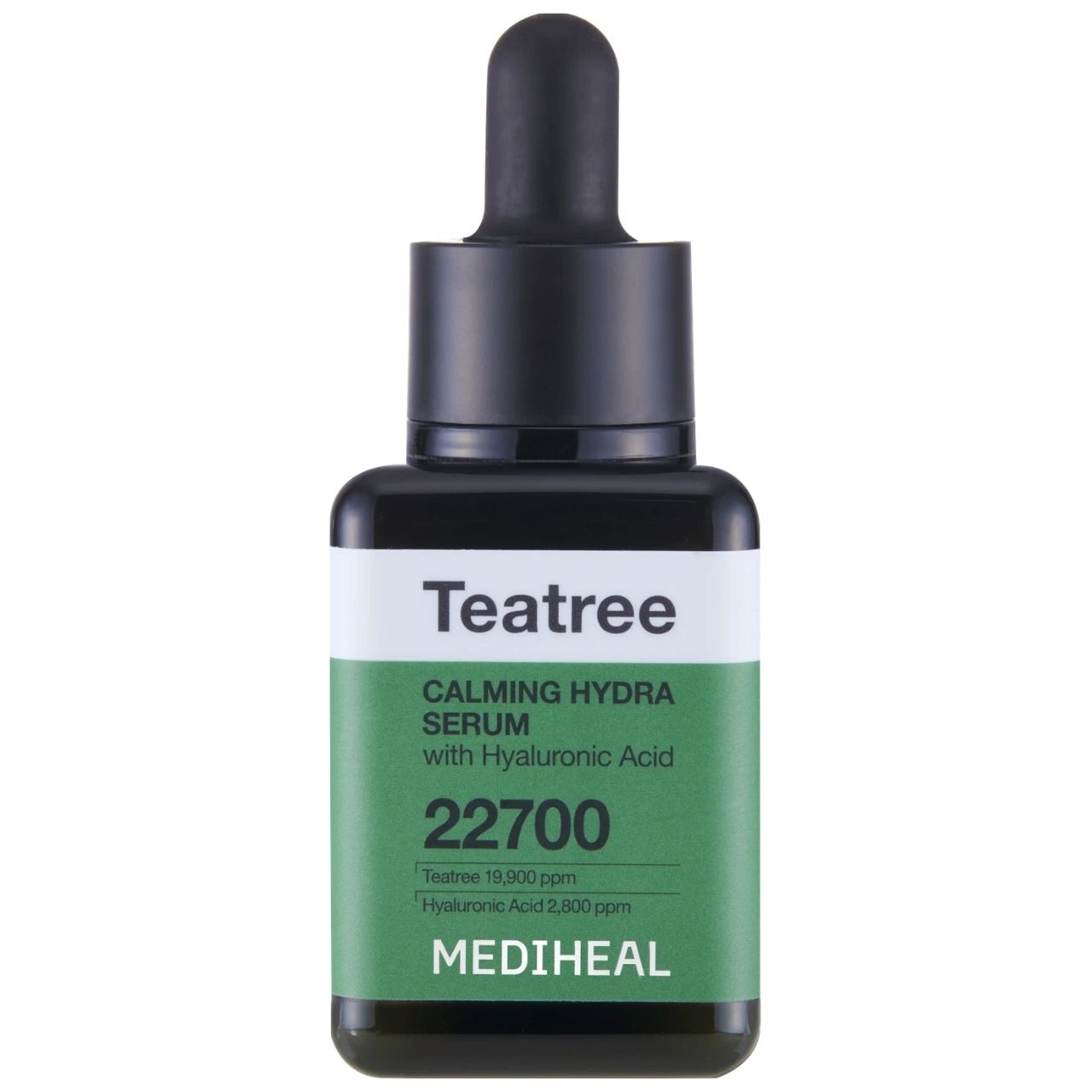 MEDIHEAL Teebaumöl Beruhigendes Hydra-Serum in dunkler Glasflasche mit Pipettenverschluss.