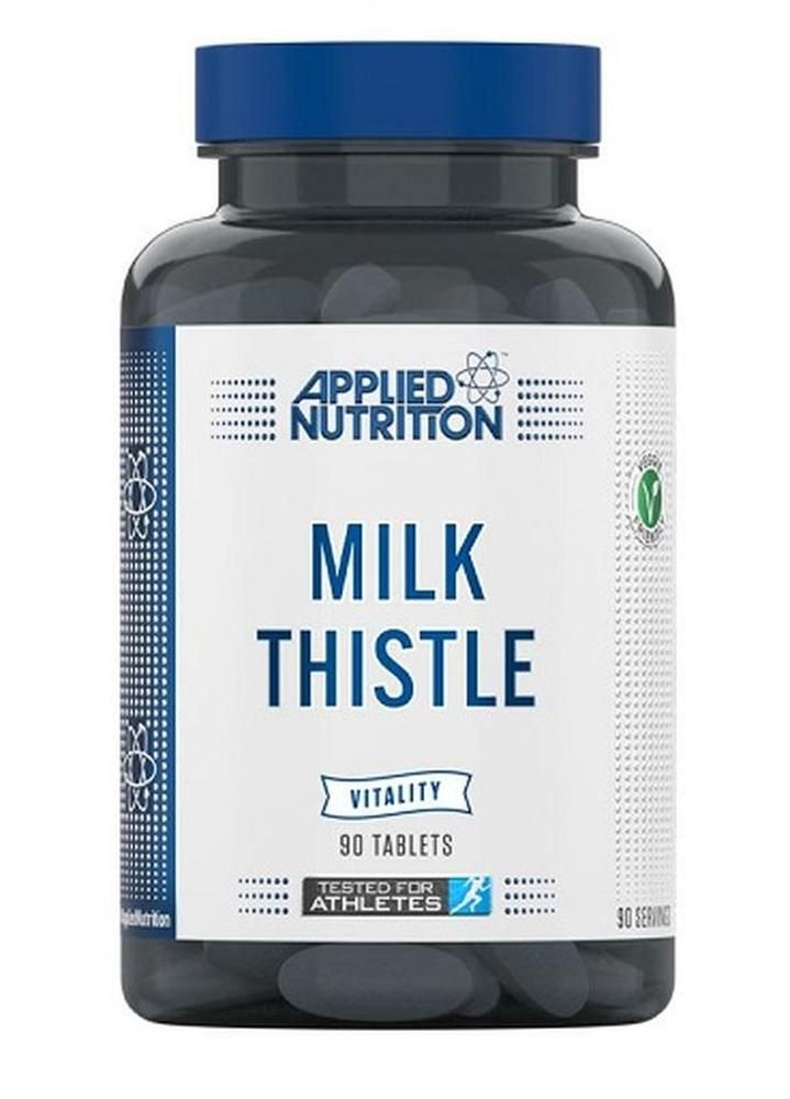 Eine Flasche mit Applied Nutrition Milk Thistle Tabletten. Aufschrift: Milk Thistle, Vitalität, 90 Tabletten. Getestet für Athleten.