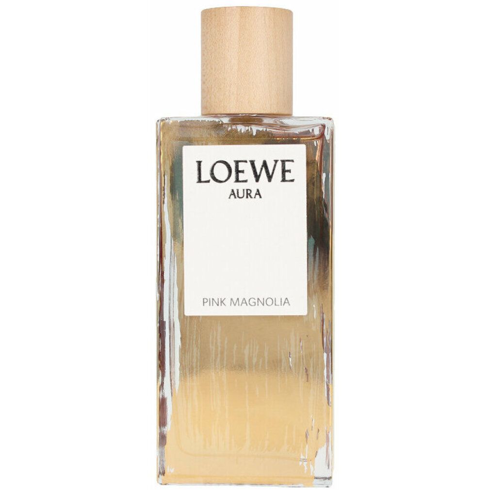 Rechteckiger Flakon mit Holzverschluss. Aufschrift: LOEWE AURA Pink Magnolia. Flüssigkeit goldfarben.
