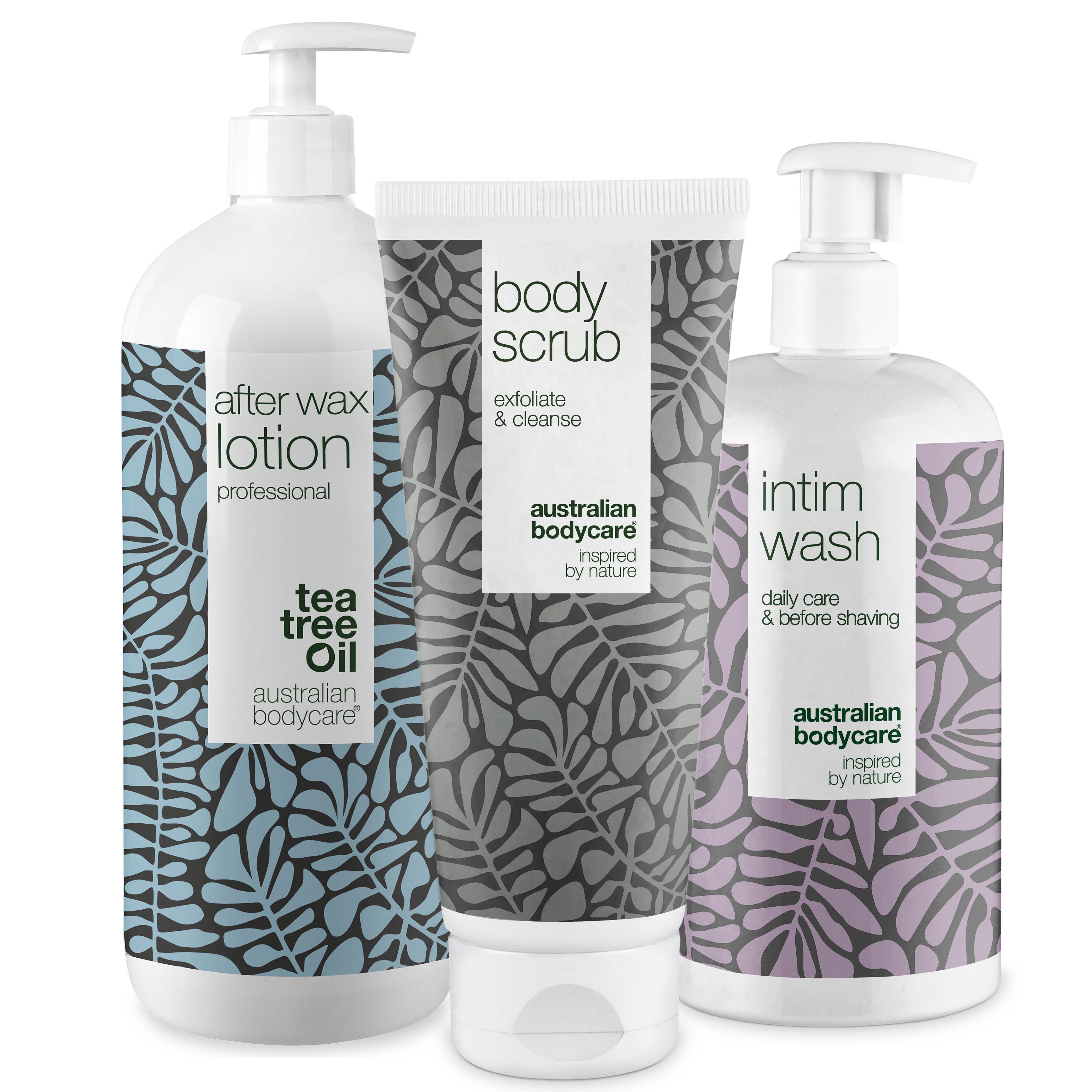 Drei Produkte: After Wax Lotion, Body Scrub und Intim Wash. Alle in weißen Flaschen und Tuben mit floralem Muster.