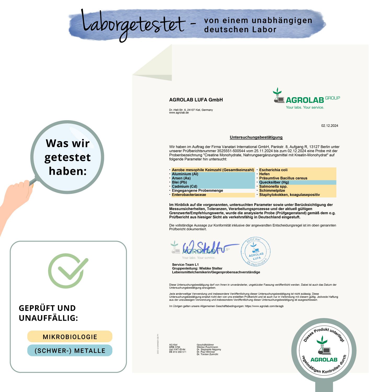 Laborbericht. Creatin Monohydrat. Marke Vegavaro. Geprüft auf Schwermetalle und Mikrobiologie.