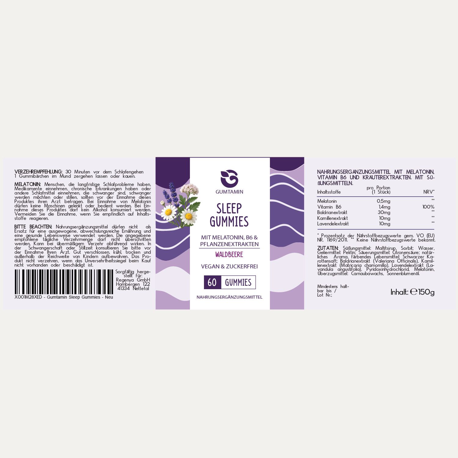 Produktetikett mit Informationen zu Inhaltsstoffen, Dosierung und Nährwerten. Marke und Produktname sichtbar.