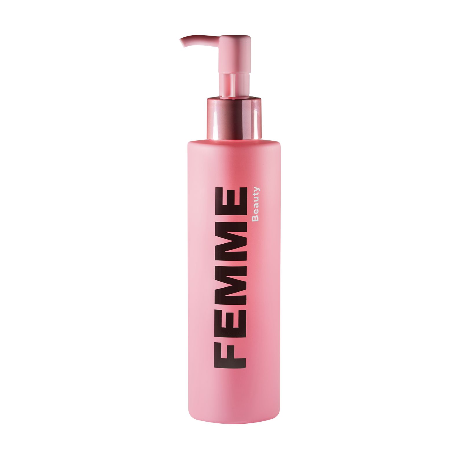 FEMME Beauty Reinigungsöl in einem matten, rosafarbenen Pumpspender.