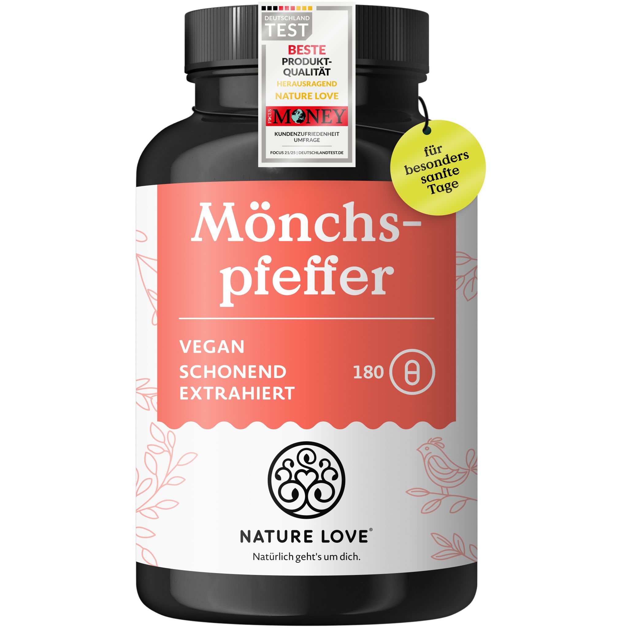 Flasche Mönchspfeffer mit 180 Kapseln, "Vegan", "Schonend extrahiert", "Beste Produkt-Qualität" Siegel.
