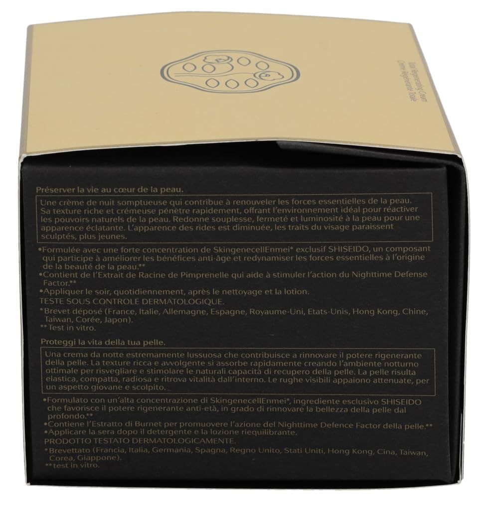 Rückseite der goldfarbenen Schachtel. Text in mehreren Sprachen. Logo oben. Text: Dermatologisch getestet.