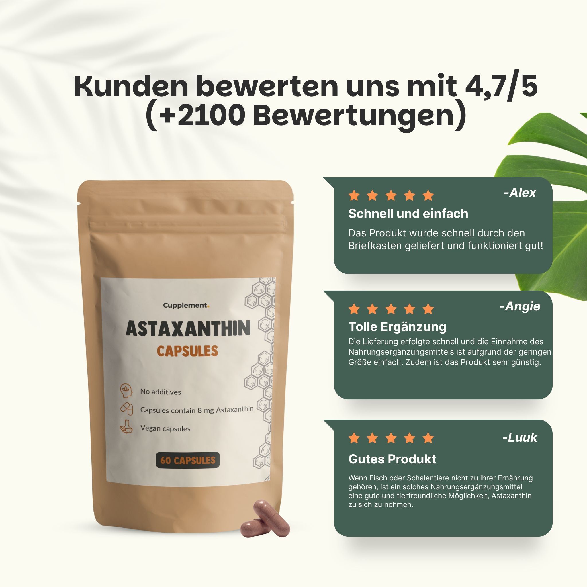 Braune Tüte mit Astaxanthin-Kapseln. Text: „Astaxanthin-Kapseln“. 60 Kapseln. Kundenbewertung 4,7/5.