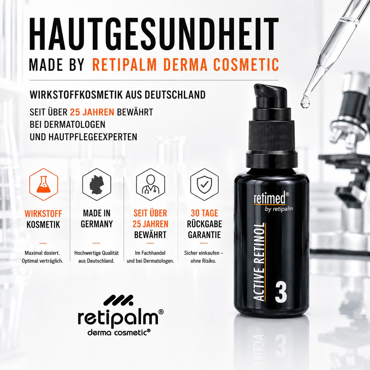 Retipalm Flasche mit Pipette und Laborgerät im Hintergrund.