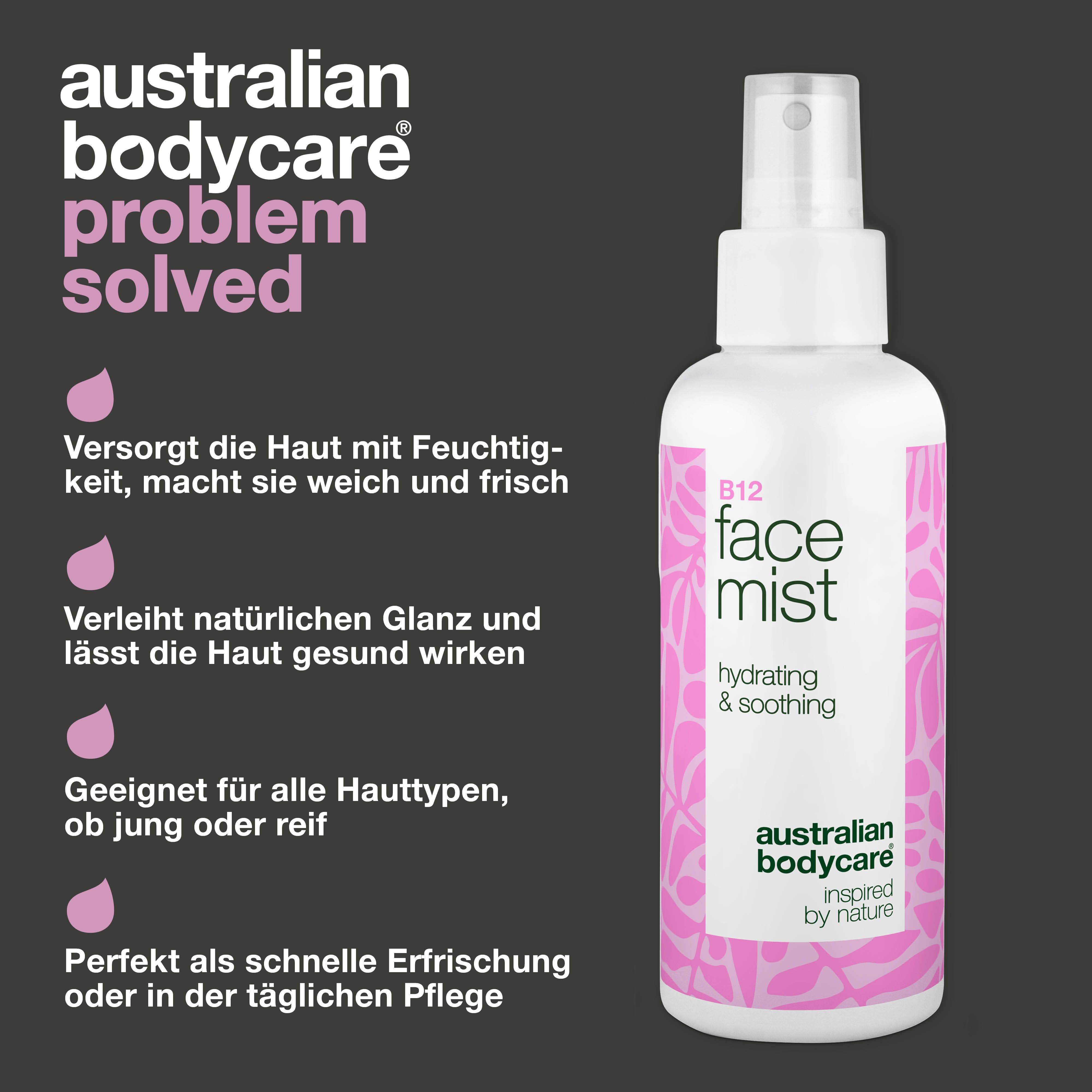 Gesichtsspray neben Text. Text: Hydratisiert, macht weich, gibt Glanz. Marke: Australian Bodycare. Aufschrift: B12 face mist.