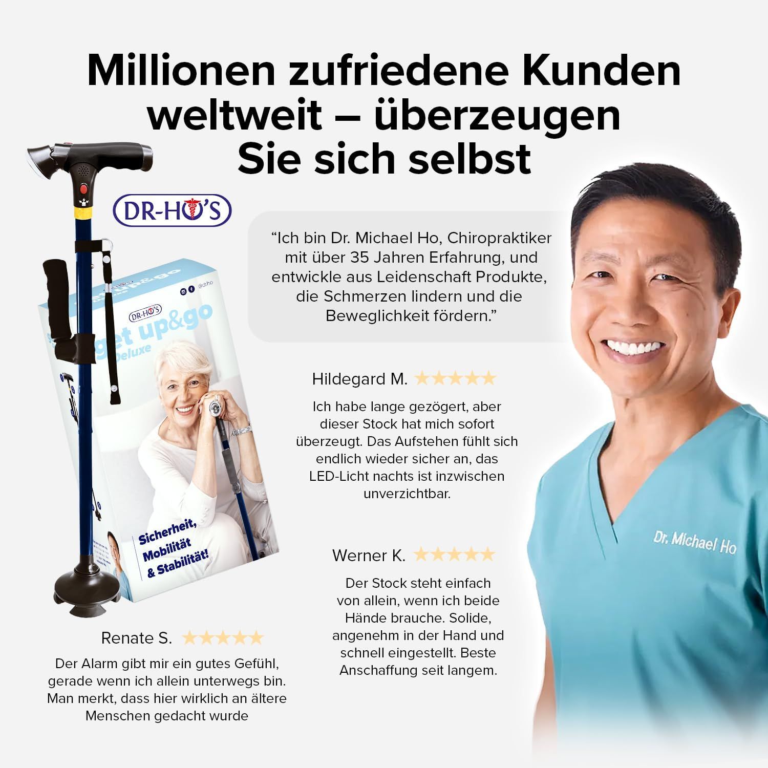 DR-HO'S Get Up & Go Gehstock mit LED-Licht, Alarmknopf & 4-Punkt-Standfuß