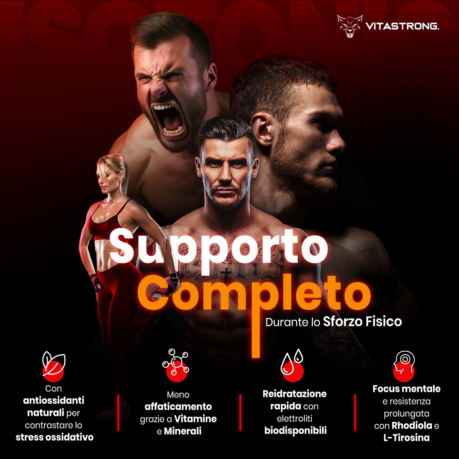 Drei Personen. Text: Komplette Unterstützung während der körperlichen Anstrengung. Mit Antioxidantien, Vitaminen, Elektrolyten.