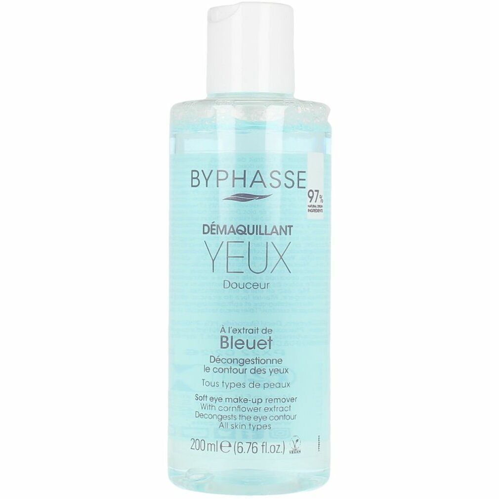 Durchsichtige Flasche mit weißem Deckel. Aufschrift: BYPHASSE, DÉMAQUILLANT YEUX Douceur, A l'extrait de Bleuet. 200ml.