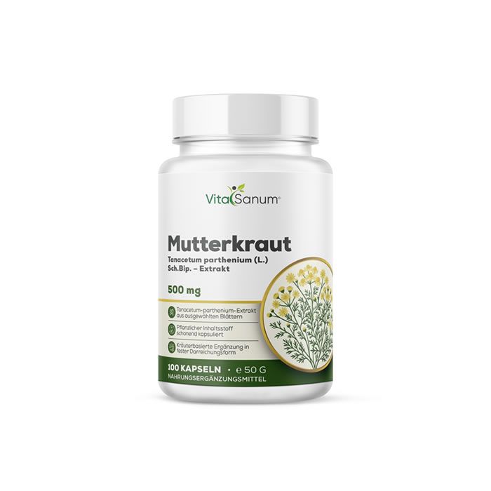 Weiße Kapsel-Dose mit grünem Etikett. Aufschrift: Mutterkraut, 500 mg, VitaSanum Logo. Abbildung von Blüten.