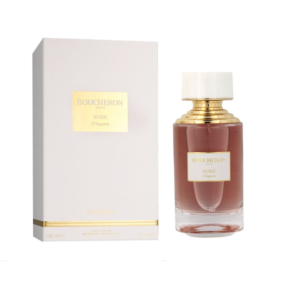Parfümflasche und Verpackung. Flasche rosa, goldener Verschluss. Verpackung weiß, goldfarbenes Etikett. Aufschrift: Boucheron.