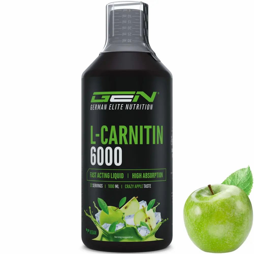 Produktflasche L-Carnitin 6000.  Enthält Text: GEN German Elite Nutrition, L-Carnitin 6000, Fast Acting Liquid, High Absorption, Crazy Apple Taste.