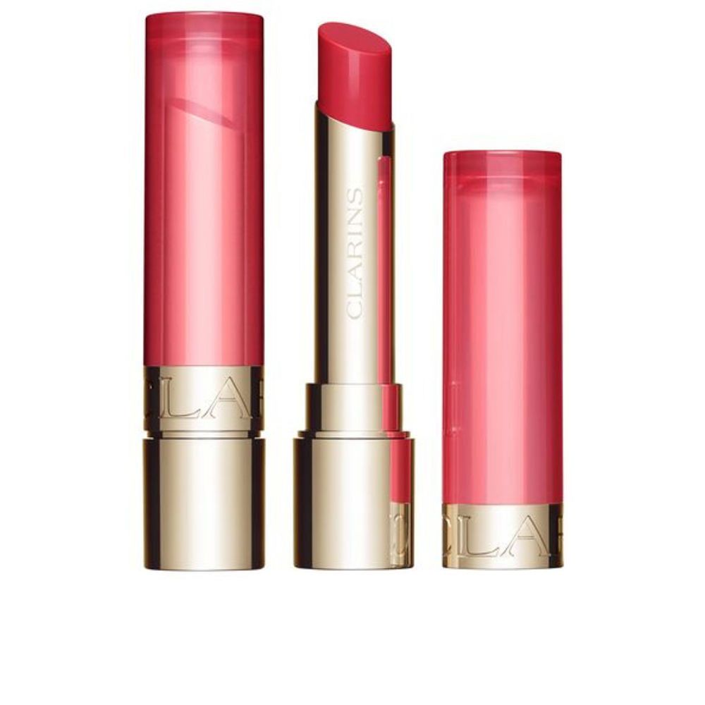 Lippenbalsam mit geöffneter und geschlossener Hülse. Goldfarbene Basis, transparente rosa Kappe. Aufschrift: CLARINS.