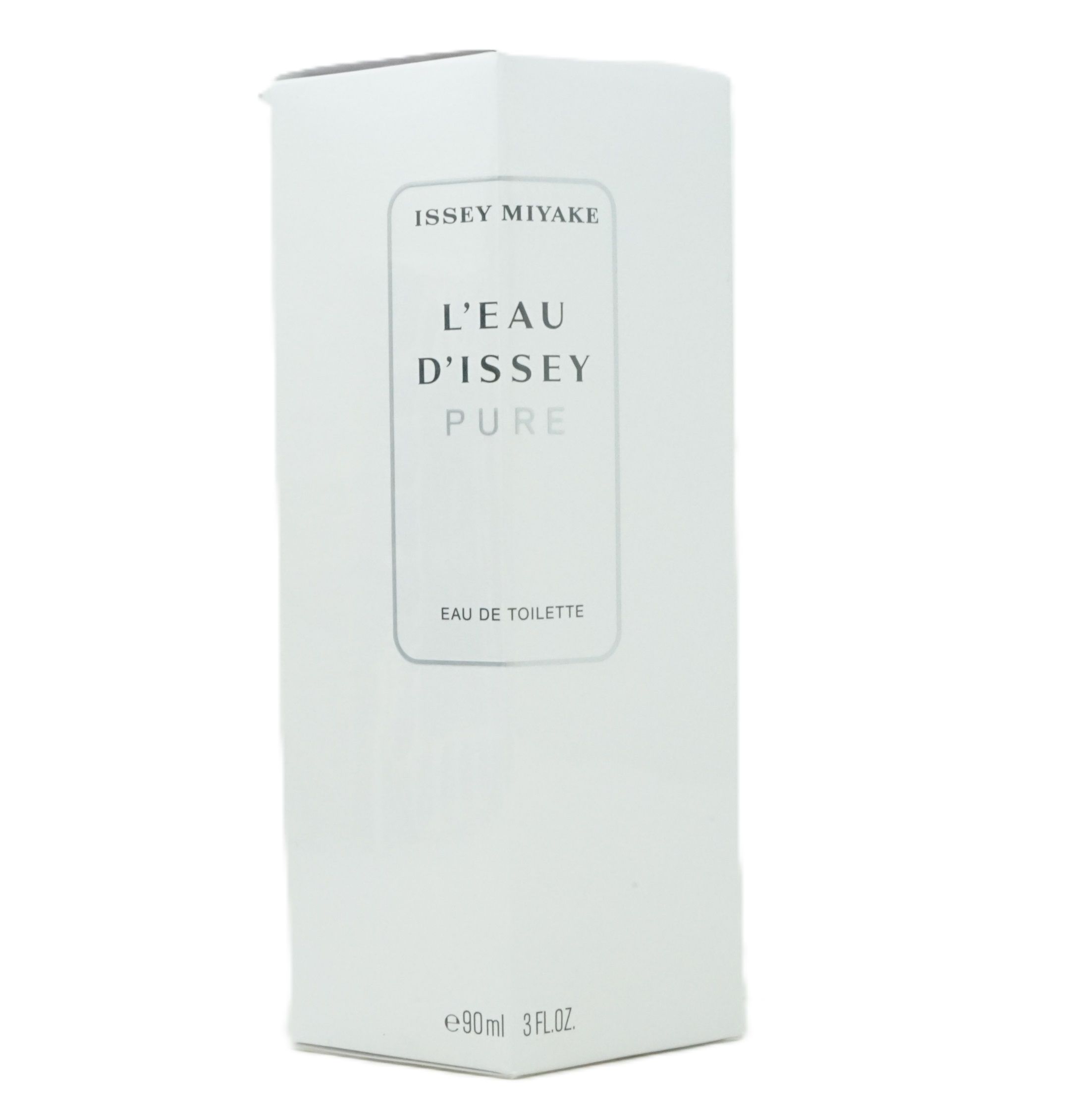 Weiße rechteckige Verpackung. Oben steht "Issey Miyake". Darunter "L'EAU D'ISSEY PURE". Unten "Eau de Toilette".