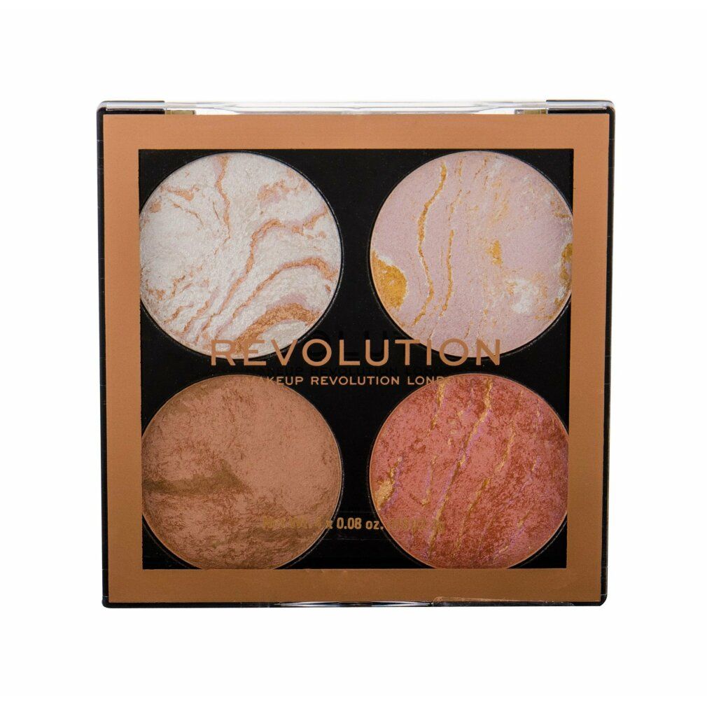 Quadratische Make-up-Palette mit vier runden, farbigen Bereichen. Goldfarbener Rahmen, schwarzer Hintergrund. Schriftzug.