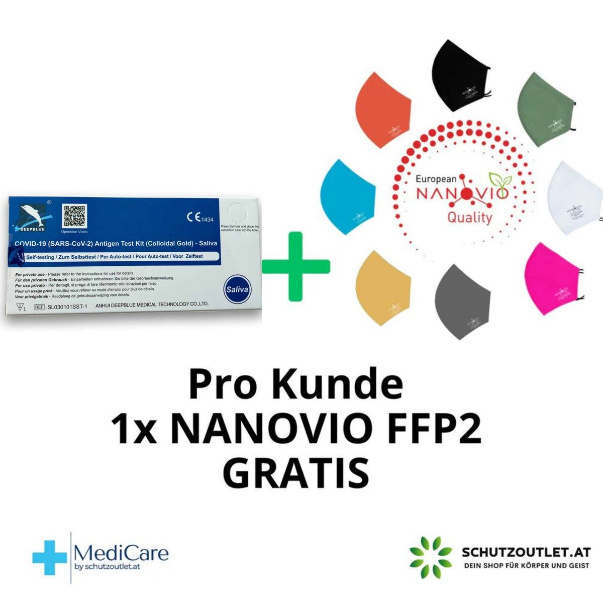 Deepblue Covid-19 Antigen-Testkit mit gratis Nanovio FFP2 Maske. Text: Pro Kunde, 1x NANOVIO FFP2 GRATIS. Verschiedene Masken.