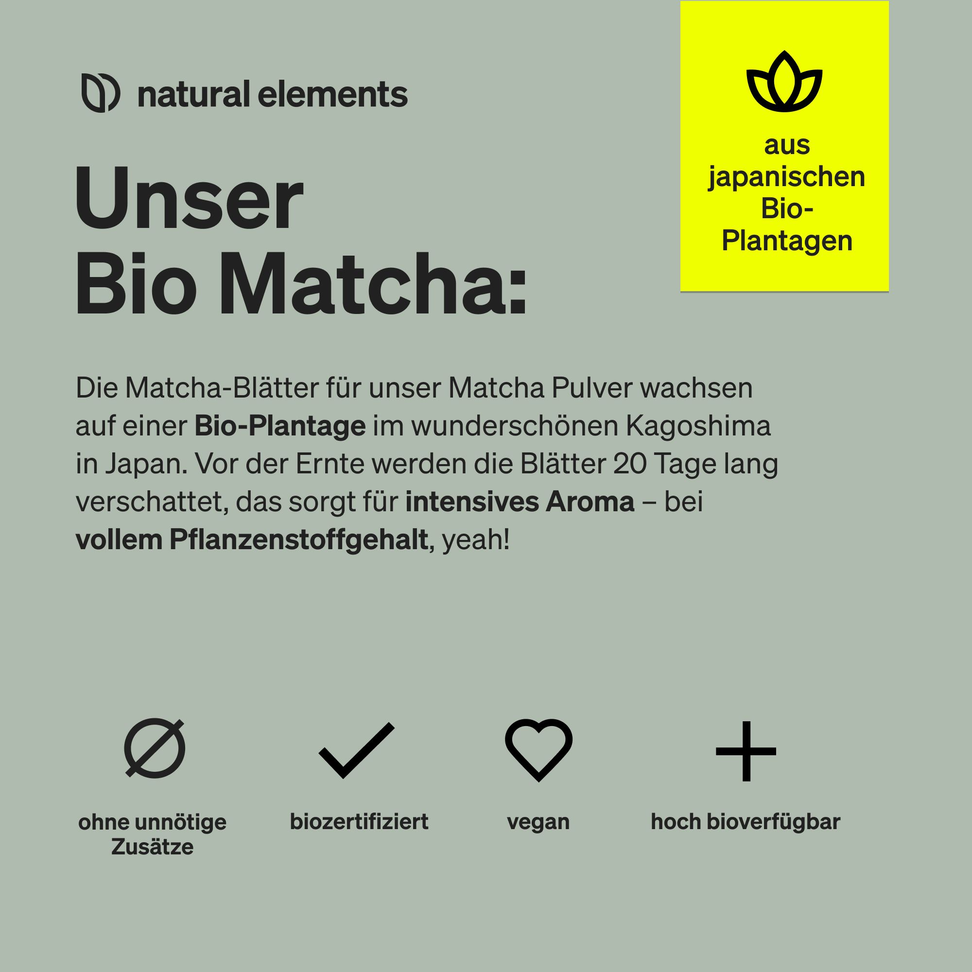Text mit Logo und Text: Unser Bio Matcha. Bio-Plantagen-Logo. Text über Matcha-Blätter und Bio-Zertifizierung.