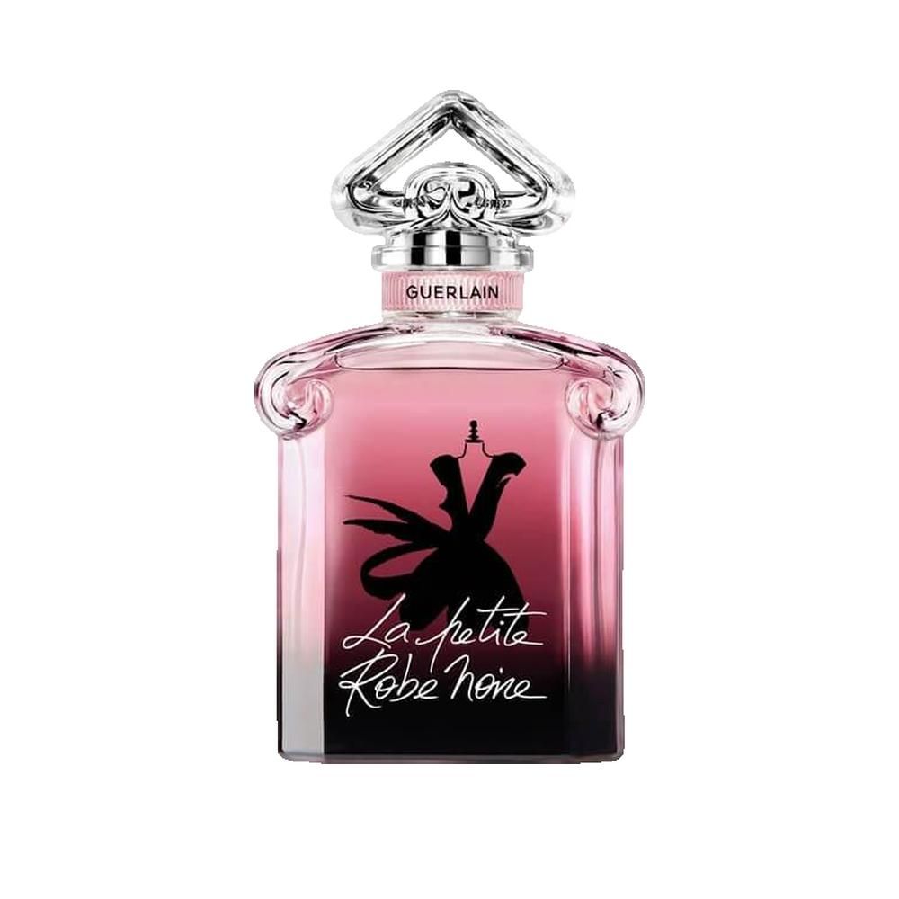 Flakon mit rosa Flüssigkeit. Schwarze Zeichnung eines Kleides. Schriftzug: La petite Robe noire. Guerlain-Logo.