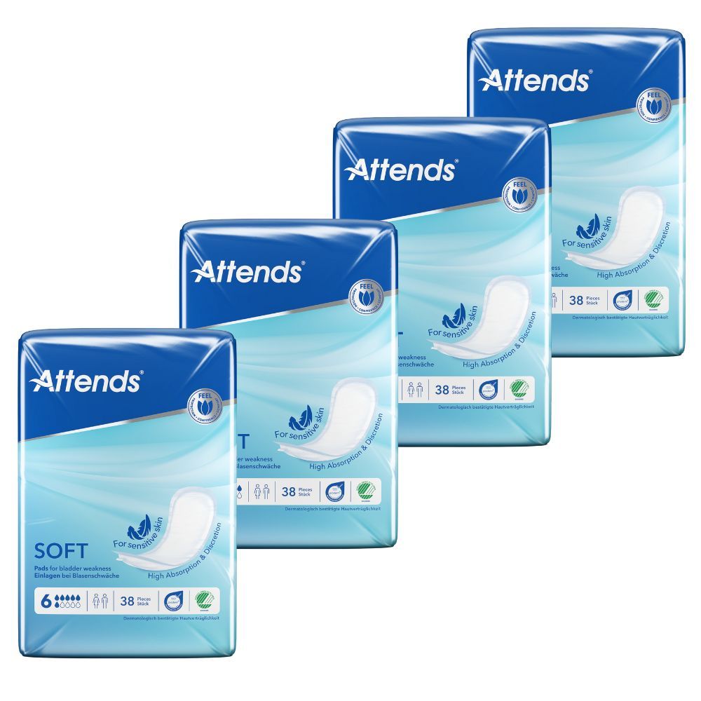Attends Soft 6 Inkontinenzeinlagen in Verpackung. Vier Packungen, blaue Verpackung mit Produktabbildung und Schriftzug.