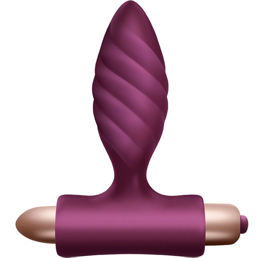 Vibrator in Lila mit spiralförmigem Kopf und goldfarbenen Akzenten. T-Form.